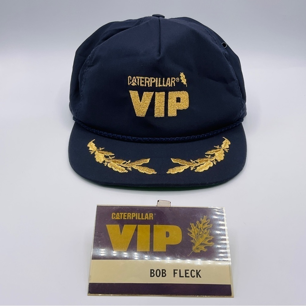 VTG Hat CAT Caterpillar VIP Cap + Name Badge Clip Navy Blue Gold Embroidered